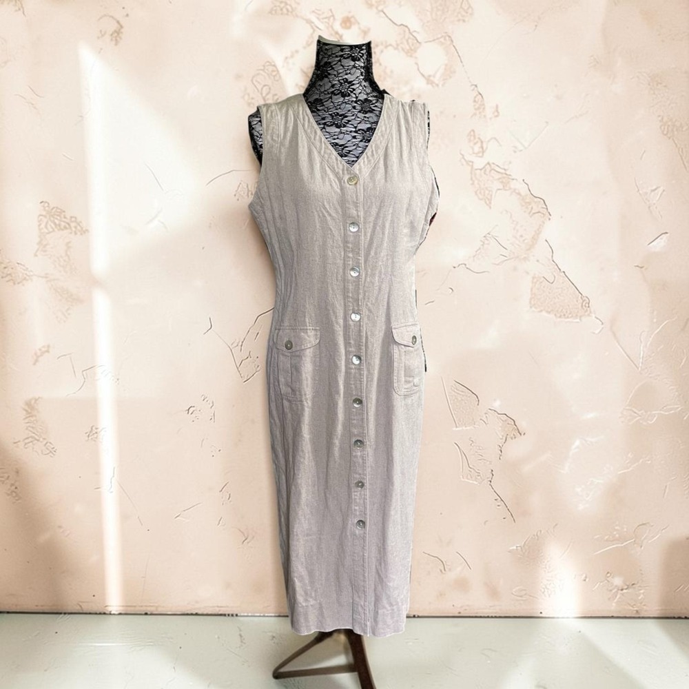 Vintage St Johns Bay Linen Blend Button Front Sleeveless Maxi Dress Beige 14